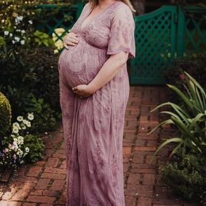 Dark Mauve Lace Mesh Overlay Maternity Maxi Dress